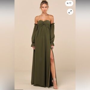 NWT Lulu's Glorious Olive Green Knotted Off-the-Shoulder Maxi Dress Size L